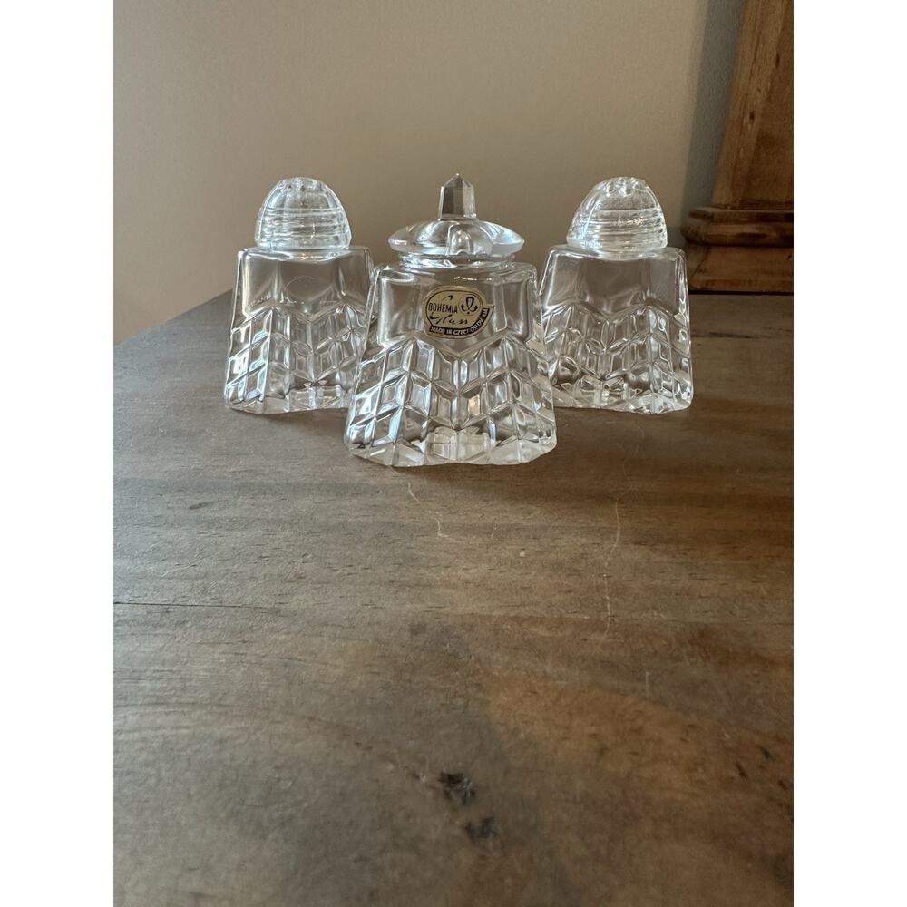 Vintage Bohemia Czechoslovakia Clear Crystal Glass Salt & Pepper W/Mustard Pot